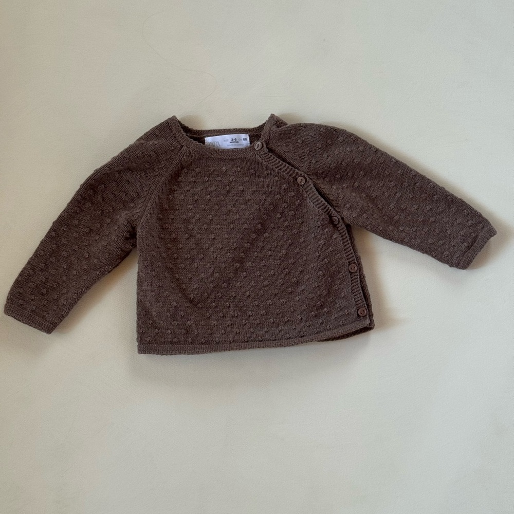 Zara Baby Pointelle Swiss Dot Knit Sweater | 3–6 Months | Brown / Soft Gray